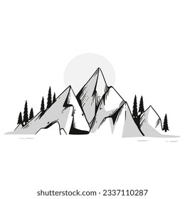 ilustración del contorno de montaña. Papel tapiz de las artes de las líneas de montaña en blanco y negro. diseño de fondo paisajístico. Ilustración vectorial. Esbozo de las montañas dibujadas a mano. cordilleras. vector de montaña.