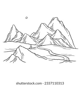 mountain outline illustration. Black and white mountain line arts wallpaper. landscape background design. Vector illustration. Hand drawn mountains sketch. mountain ranges. mountain vector.