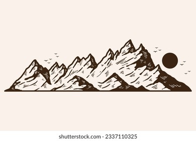 ilustración del contorno de montaña. Papel tapiz de las artes de las líneas de montaña en blanco y negro. diseño de fondo paisajístico. Ilustración vectorial. Esbozo de las montañas dibujadas a mano. cordilleras. vector de montaña.