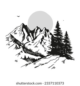 ilustración del contorno de montaña. Papel tapiz de las artes de las líneas de montaña en blanco y negro. diseño de fondo paisajístico. Ilustración vectorial. Esbozo de las montañas dibujadas a mano. cordilleras. vector de montaña.