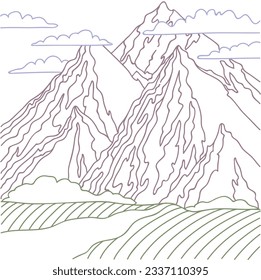 mountain outline illustration. Black and white mountain line arts wallpaper. landscape background design. Vector illustration. Hand drawn mountains sketch. mountain ranges. mountain vector.