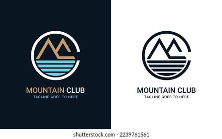 Mountain outline illustration, outdoor adventure logo with MC letter.Mountains vector icon.