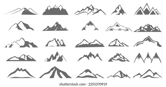 Imágenes de contorno de montaña. conjunto de silueta rocosa gris de montaña. ilustración vectorial.
