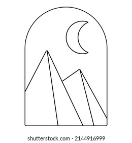 Mountain outline logo. Arch shape. Boho emblem. Bohemian sign. Travel badge for company branding. Customizable linear contour symbol. Editable stroke. Isolated vector stock illustration