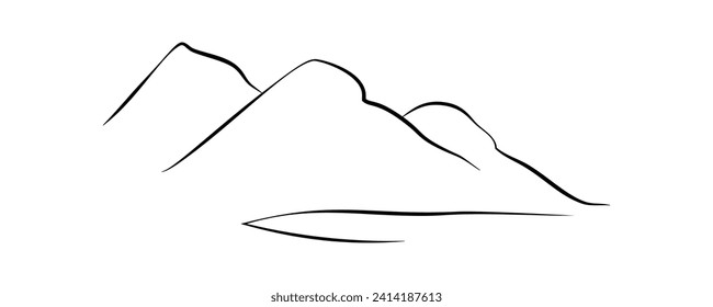 Mountain outline. Simple minimal landscape. Linear silhouette of mountains. Rocky peaks icon, contour line. Element for cover, print, eco design. Vector illustration on white.