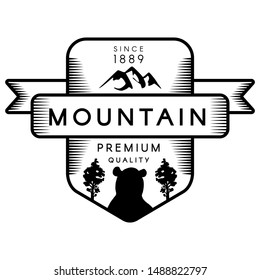 Mountain outline vector logo template. Recreational park symbol. Trees and grizzly bear silhouette