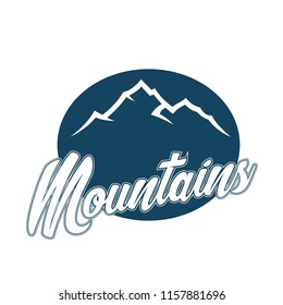 Mountain in an oval circle can be used as stamp. Vector logo illustration with mountain silhouette isolated on light background