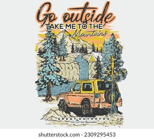 Mountain painting t shirt vector design. Wild camping artwork for apparel, sticker, batch, background, poster and others.