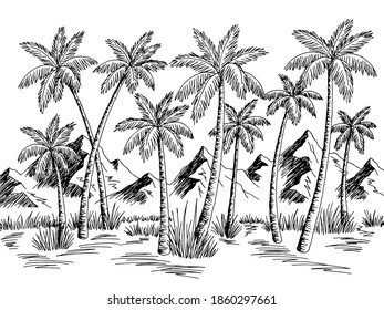 Mountain palm grove graphic black white landscape sketch illustration vector