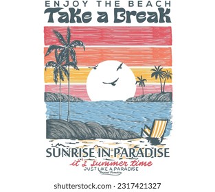 Mountain with palm tree vector design. Take a break. enjoy the beach. Beach vibes print artwork for t-shirt, poster, sticker and others. Summer line drawing t-shirt artwork.