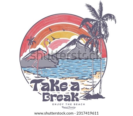 Mountain with palm tree vector design. . Flamingo beach. Take a break. enjoy the beach. Beach vibes print artwork for t-shirt, poster, sticker and others. 