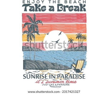Mountain with palm tree vector design. Take a break. enjoy the beach. Beach vibes print artwork for t-shirt, poster, sticker and others. Summer line drawing t-shirt artwork.