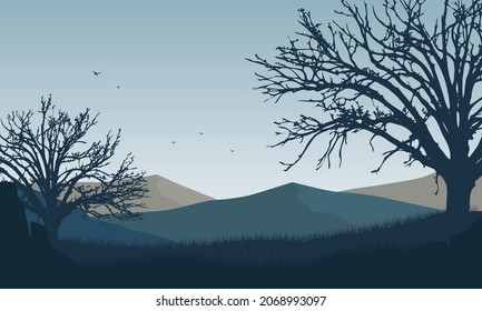Mountain panorama with aesthetically dry tree silhouettes from the countryside at sunrise in the morning. Vector illustration of a city