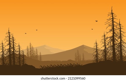 Mountain panorama from the edge of the forest at dusk with the silhouettes of dry fir trees around it