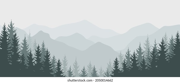 Mountain panorama with evergreen coniferous trees. Horizontal banner template with fir forest. Postcard, advertising poster for recreation in the forest, summer camp, tourism. Vector illustration
