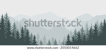 Mountain panorama with evergreen coniferous trees. Horizontal banner template with fir forest. Postcard, advertising poster for recreation in the forest, summer camp, tourism. Vector illustration
