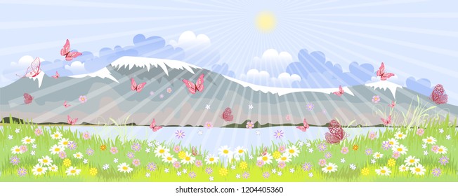 mountain panorama with flowering meadow flowers