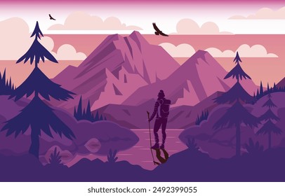 Mountain Panorama Landscape in Monochromatic Flat Illustration