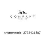 Mountain panorama logo with water waves in nature vector design style