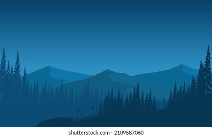 Mountain panorama with a magnificent silhouette of pine trees from the edge of the village