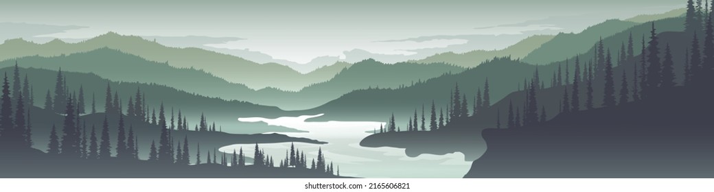 Mountain panorama .pine forest and river Nature and fog background vector illustration.