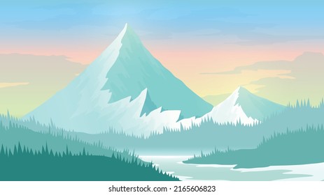 Panorama de montaña. Bosque de pino y río.