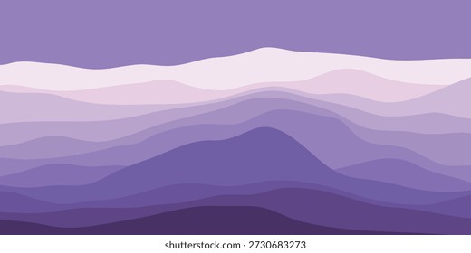 Panorama de montanha com gradiente roxo, ondas transparentes, formas de vidro colorido abstrato, plano de fundo moderno, desenho plano de ilustração de montanha.