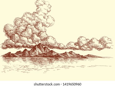 Mountain panorama and sea view, clouds in the sky hand drawing