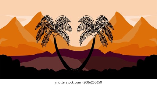Mountain panorama. Vector illustration of dusk or dawn horizon, night or morning view of forest and mountains.