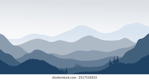 Mountain panorama vector illustration. Serene landscape with layered mountain silhouettes, pine trees, and a reflective lake.