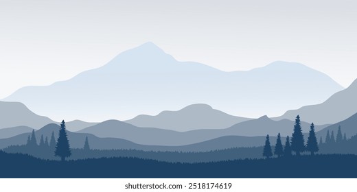 Mountain panorama vector illustration. Serene landscape with layered mountain silhouettes, pine trees, and a reflective lake.