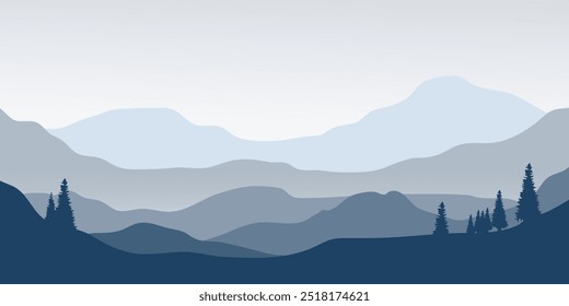 Mountain panorama vector illustration. Serene landscape with layered mountain silhouettes, pine trees, and a reflective lake.