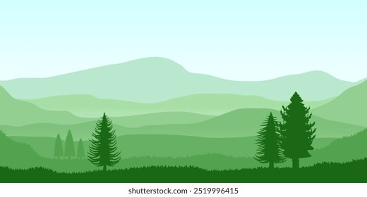 Ilustração do vetor do panorama da montanha. Paisagem serena com silhuetas montanhosas em camadas, pinheiros e um lago reflexivo.