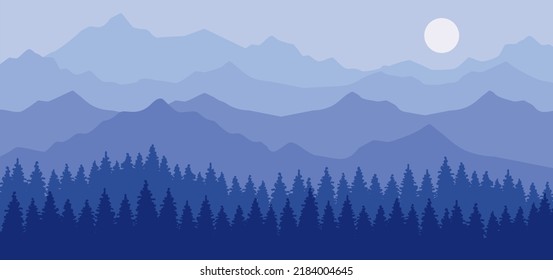 paisaje panorámico de montaña en tonos azules. Ilustración del vector