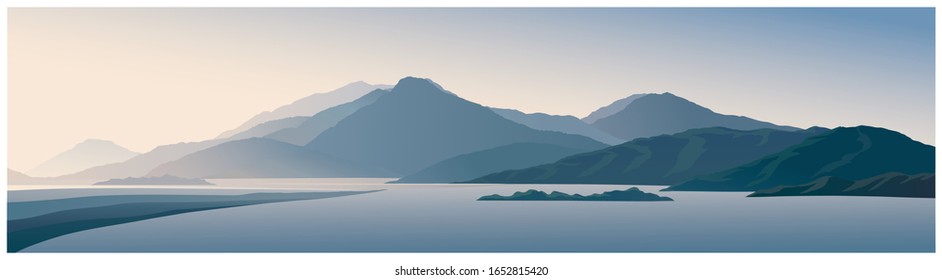 Mountain panoramic landscape with the silhouettes of the mountains against the dawn.Vector illustration.