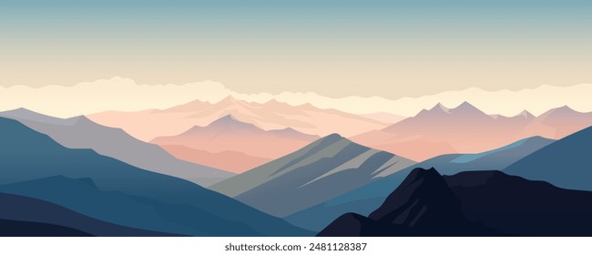 Mountain panoramic landscape, vector illustration for mountain travel design. Beautiful landscape of mountains and peaks at dawn against the backdrop of amazing fog and clouds.