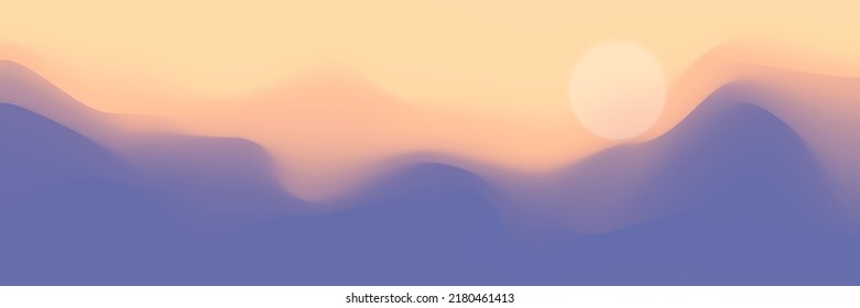 Mountain panoramic view, abstract stylization, sunset light and sun, vector illustration