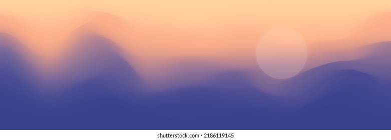 Mountain panoramic view, abstract stylization, sunset light and sun, vector illustration