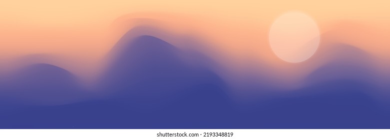 Mountain panoramic view, abstract stylization, sunset light and sun, vector illustration