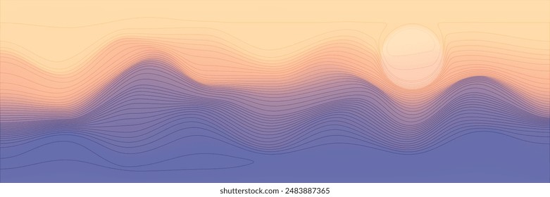 Bergpanoramablick, abstrakte Stilisierung, Sonnenuntergangslicht und -sonne, Vektorillustration