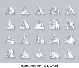 Mountain paper cut art icons set. 3D sign kit of nature landscape. High Peak pictograms of swiss, environment, wildlife scene. Simple climbing vector paper carved icon shape. Material design symbol