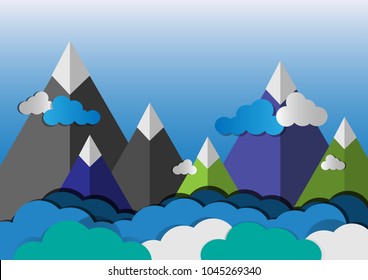 mountain paper cut and clouds blue sky view vector illustrations cartoon cute design with copy space. freedom concept