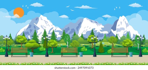 Mountain park concept, wooden bench, street lamp, waste bin in square. Rocky mountains and trees. Leisure time in summer park. Vector illustration in flat style