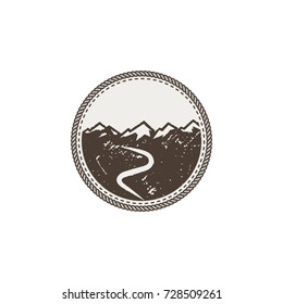 mountain patch and sticker. Vintage hand drawn outdoor adventure design. Mountains top, peak symbol. Camping icon. Stock vector isolated on white background.