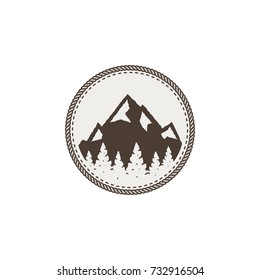 mountain patch and sticker. Vintage hand drawn outdoor adventure design. Mountains top, peak symbol. Camping icon. Stock vector isolated on white.