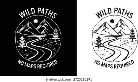 El Diseño gráfico Mountain Path Adventure presenta un camino sinuoso que conduce a picos escarpados enmarcados dentro de un círculo, enfatizando la exploración del desierto y la libertad sin mapas.