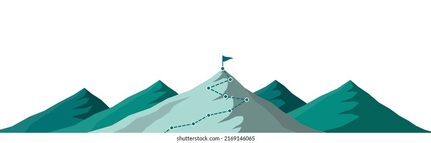 Ruta de escalada de senderos de montaña hasta el pico sobre fondo blanco