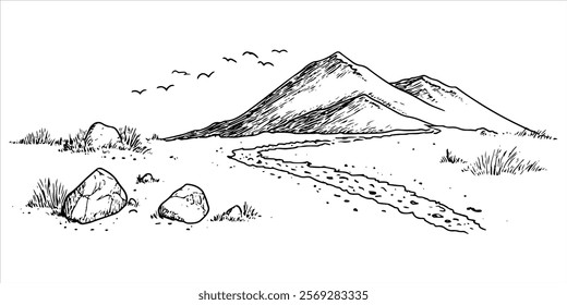 mountain path with rocks and grassy terrain hand drawn doodle sketch