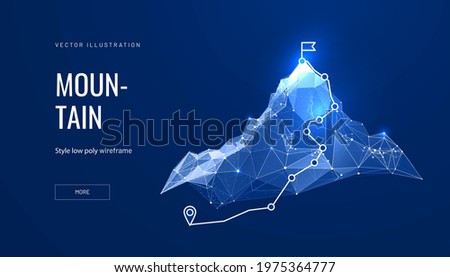 Mountain with a path to the top in digital futuristic style on a blue background. Vector illustration of success achievement concept.