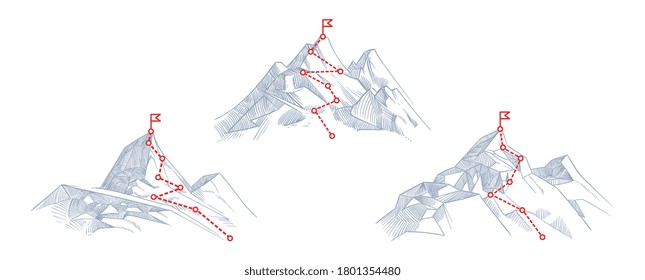 Mountain paths. Progress, success hiking path business metaphor. Journey climb to peak or route of mission. Progressive career way vector illustration